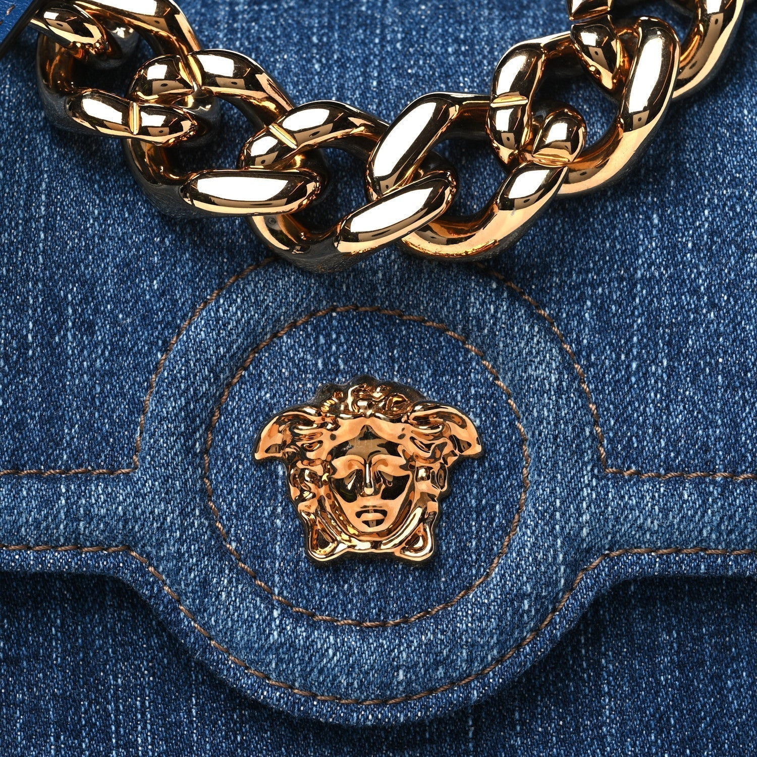 Versace Denim La Medusa Chain Shoulder Bag Navy Blue