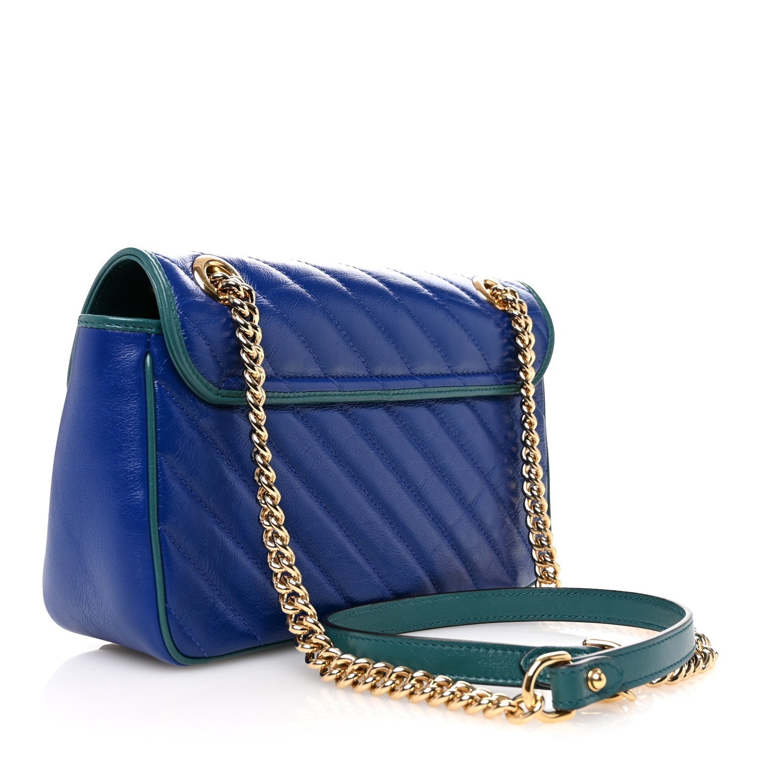 Gucci Azalea Calfskin Enamel Matelasse Diagonal Small Torchon GG Marmont Shoulder Bag Imperial Blue Pavone