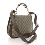 Gucci GG Supreme Monogram Textured Dollar Calfskin Web Medium Blondie Top Handle Shoulder Flap Bag Beige Ebony New Acero