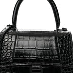 Balenciaga Shiny Calfskin Monochrome Crocodile Embossed Small Hourglass Top Handle Bag Black
