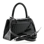 Balenciaga Shiny Calfskin Monochrome Crocodile Embossed Small Hourglass Top Handle Bag Black