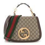 Gucci GG Supreme Monogram Textured Dollar Calfskin Web Medium Blondie Top Handle Shoulder Flap Bag Beige Ebony New Acero