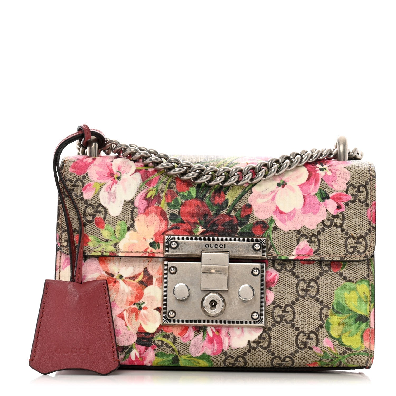 Gucci GG Supreme Monogram Blooms Small PadLock Shoulder Bag Beige Multicolor Dry Rose