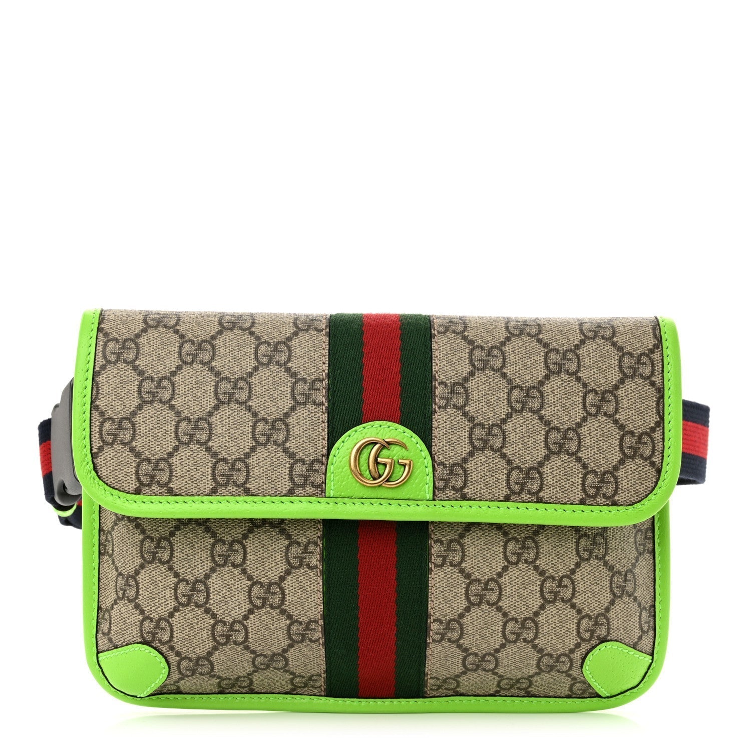 Gucci GG Supreme Monogram Web Small Ophidia Belt Bag Beige Ebony Electric Green