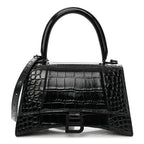 Balenciaga Shiny Calfskin Monochrome Crocodile Embossed Small Hourglass Top Handle Bag Black