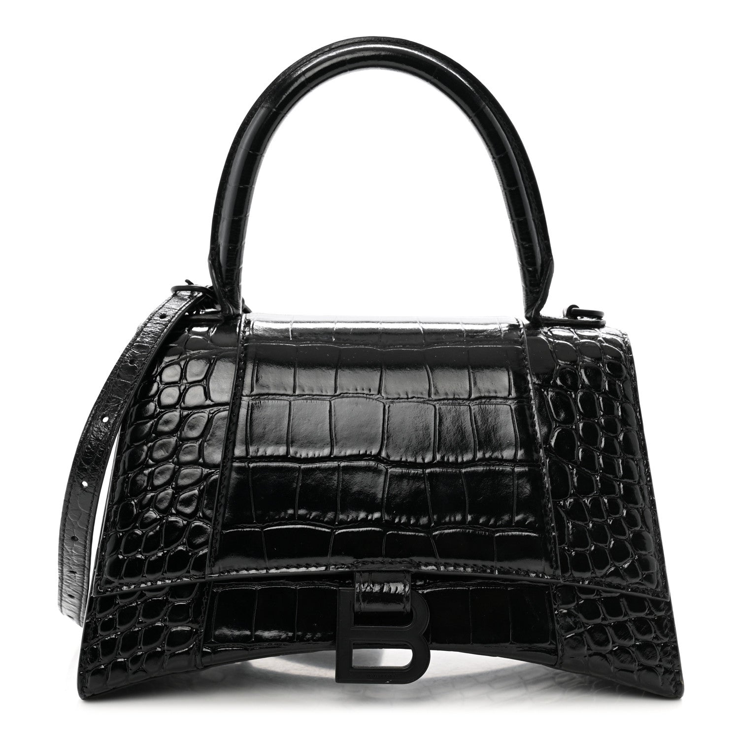 Balenciaga Shiny Calfskin Monochrome Crocodile Embossed Small Hourglass Top Handle Bag Black