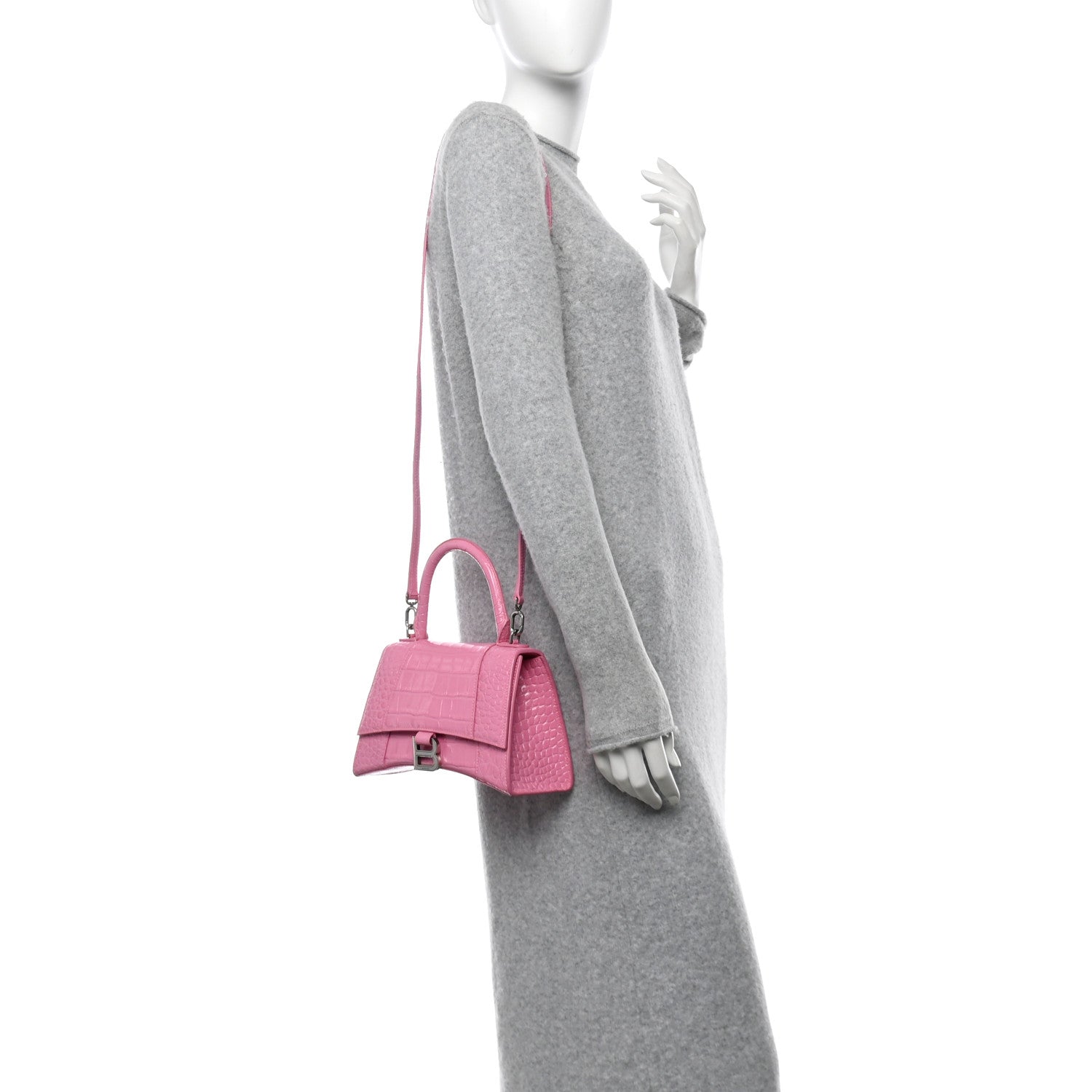 Balenciaga Shiny Calfskin Crocodile Embossed Small Hourglass Top Handle Bag Baby Pink