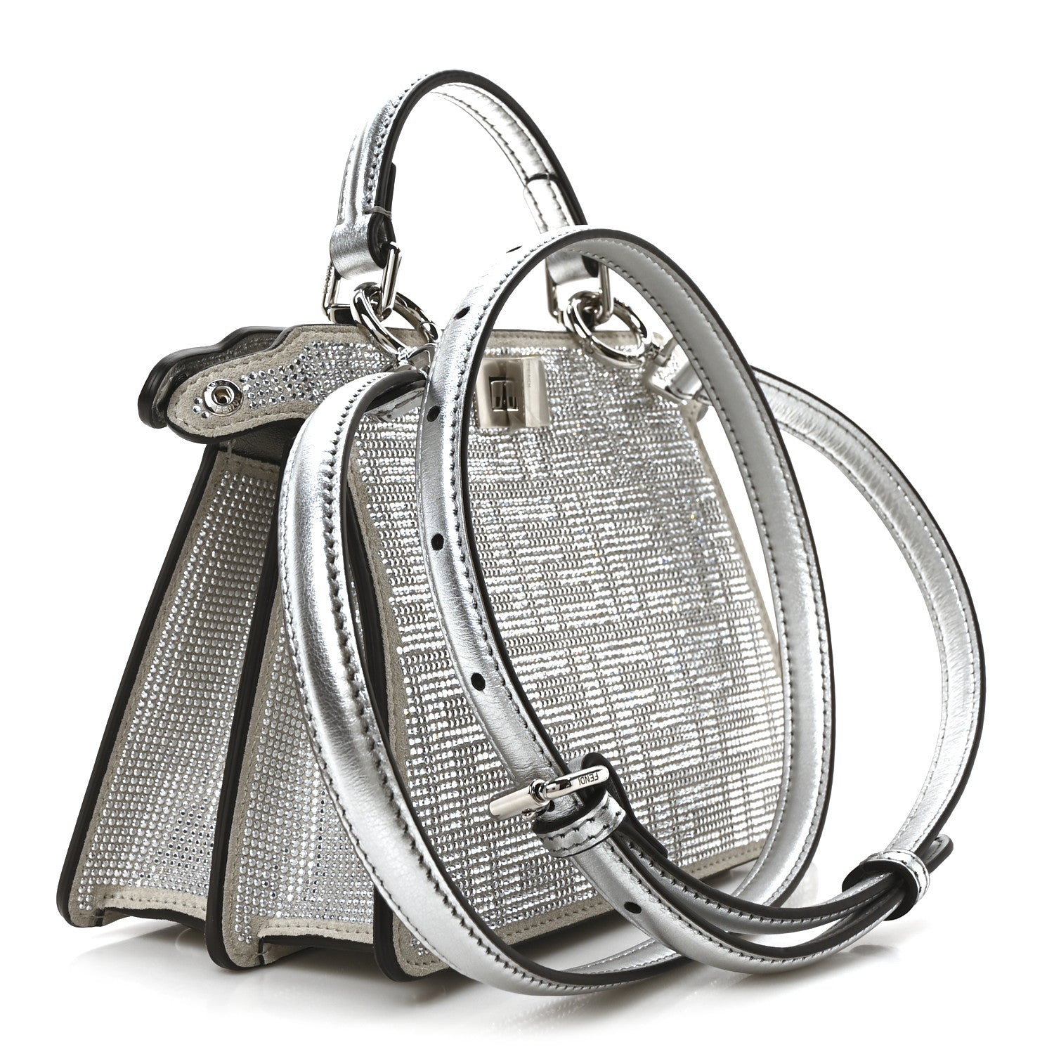 Fendi Crystal Vitello Laminato FF Petite Peekaboo I SEE U Satchel Crystal Argento