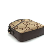 Gucci Monogram Jumbo GG Textured Dollar Calfskin Web Messenger Shoulder Bag Camel Ebony New Acero