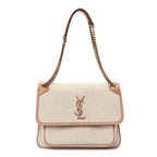 Saint Laurent Cotton Canvas Vintage Calfskin Monogram Medium Niki Chain Satchel  Cream Tan