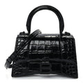 Balenciaga Shiny Calfskin Monochrome Crocodile Embossed Hourglass Top Handle Bag XS Black