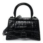 Balenciaga Shiny Calfskin Monochrome Crocodile Embossed Hourglass Top Handle Bag XS Black