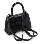 Balenciaga Shiny Calfskin Monochrome Crocodile Embossed Hourglass Top Handle Bag XS Black