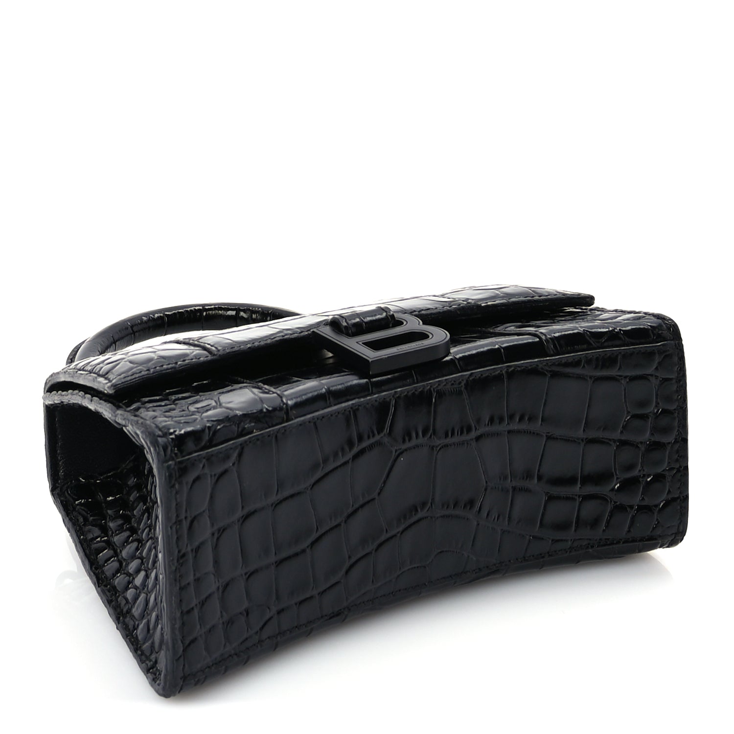 Balenciaga Shiny Calfskin Monochrome Crocodile Embossed Hourglass Top Handle Bag XS Black