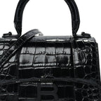 Balenciaga Shiny Calfskin Monochrome Crocodile Embossed Hourglass Top Handle Bag XS Black