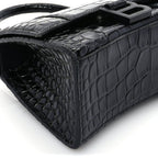 Balenciaga Shiny Calfskin Monochrome Crocodile Embossed Hourglass Top Handle Bag XS Black