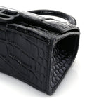 Balenciaga Shiny Calfskin Monochrome Crocodile Embossed Hourglass Top Handle Bag XS Black
