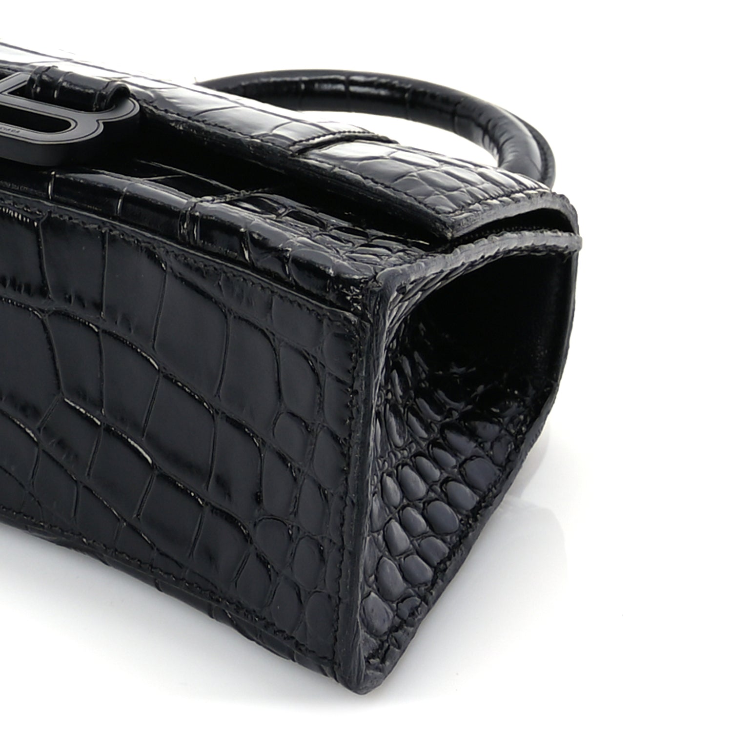 Balenciaga Shiny Calfskin Monochrome Crocodile Embossed Hourglass Top Handle Bag XS Black
