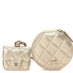 Chanel Metallic Lambskin Quilted Round Clip On Coin Purse Airpods Case  Gold