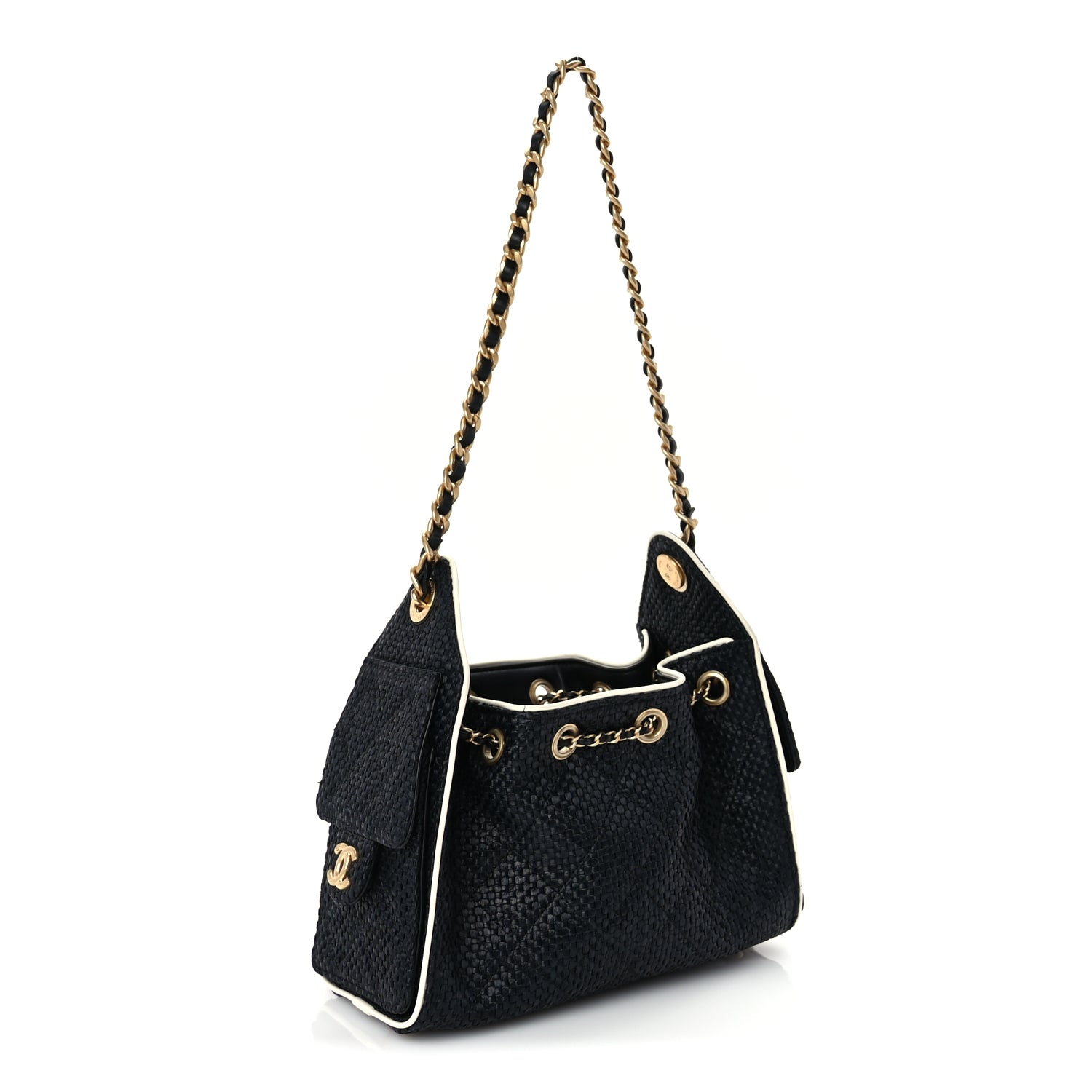 Chanel Braided Raffia Calfskin Quilted Mini Chanel 25 Handbag Black White