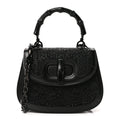 Gucci Moire Fabric Calfskin Rhinestone Monogram Monochrome Mini Bamboo 1947 Top Handle Chain Bag Black