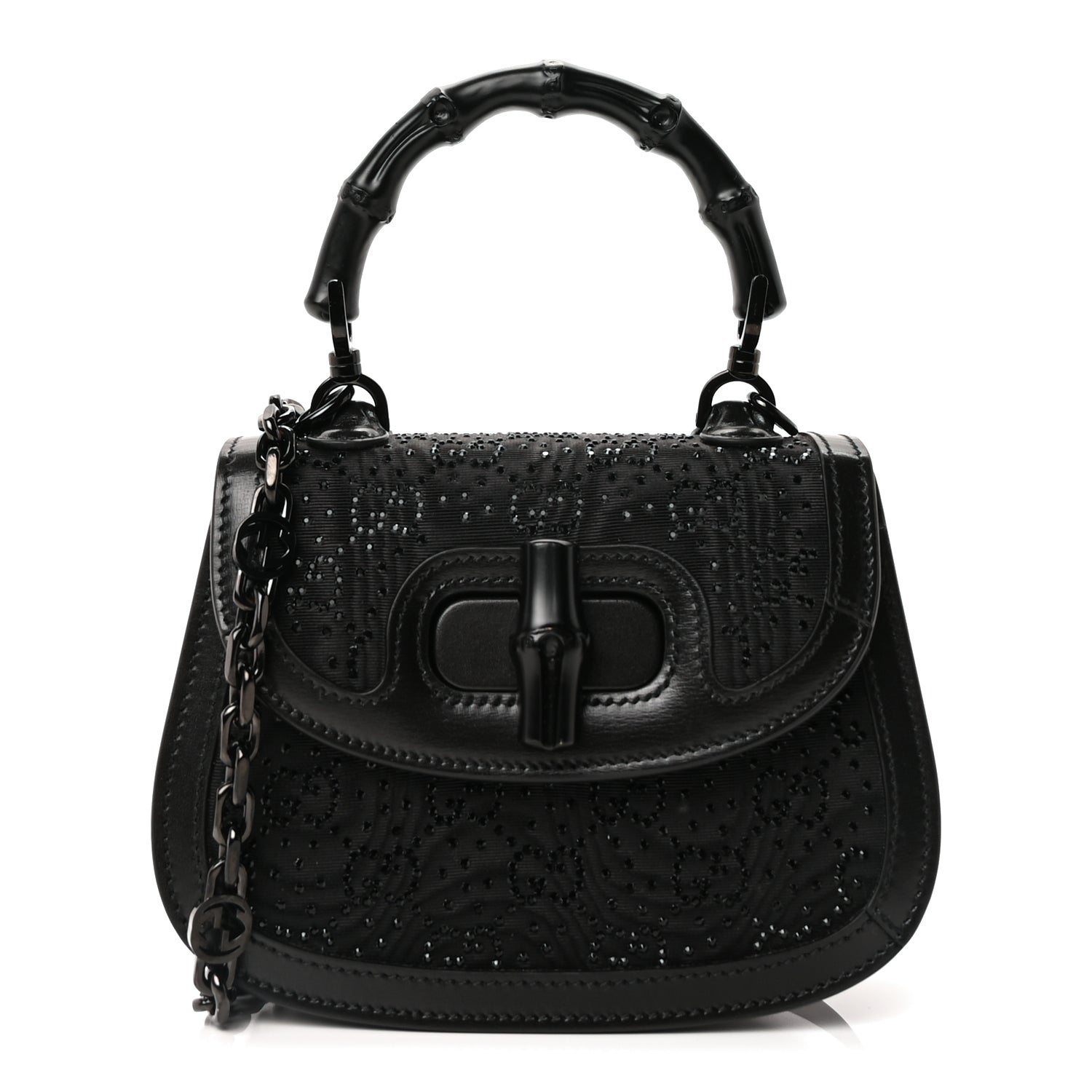 Gucci Moire Fabric Calfskin Rhinestone Monogram Monochrome Mini Bamboo 1947 Top Handle Chain Bag Black