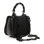 Gucci Moire Fabric Calfskin Rhinestone Monogram Monochrome Mini Bamboo 1947 Top Handle Chain Bag Black