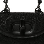 Gucci Moire Fabric Calfskin Rhinestone Monogram Monochrome Mini Bamboo 1947 Top Handle Chain Bag Black