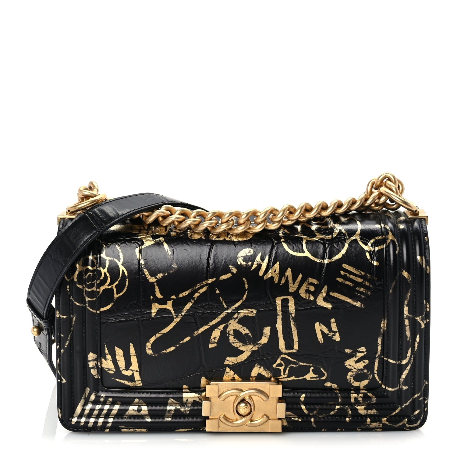 Chanel Calfskin Crocodile Embossed Graffiti Cocodile Medium Boy Flap Black