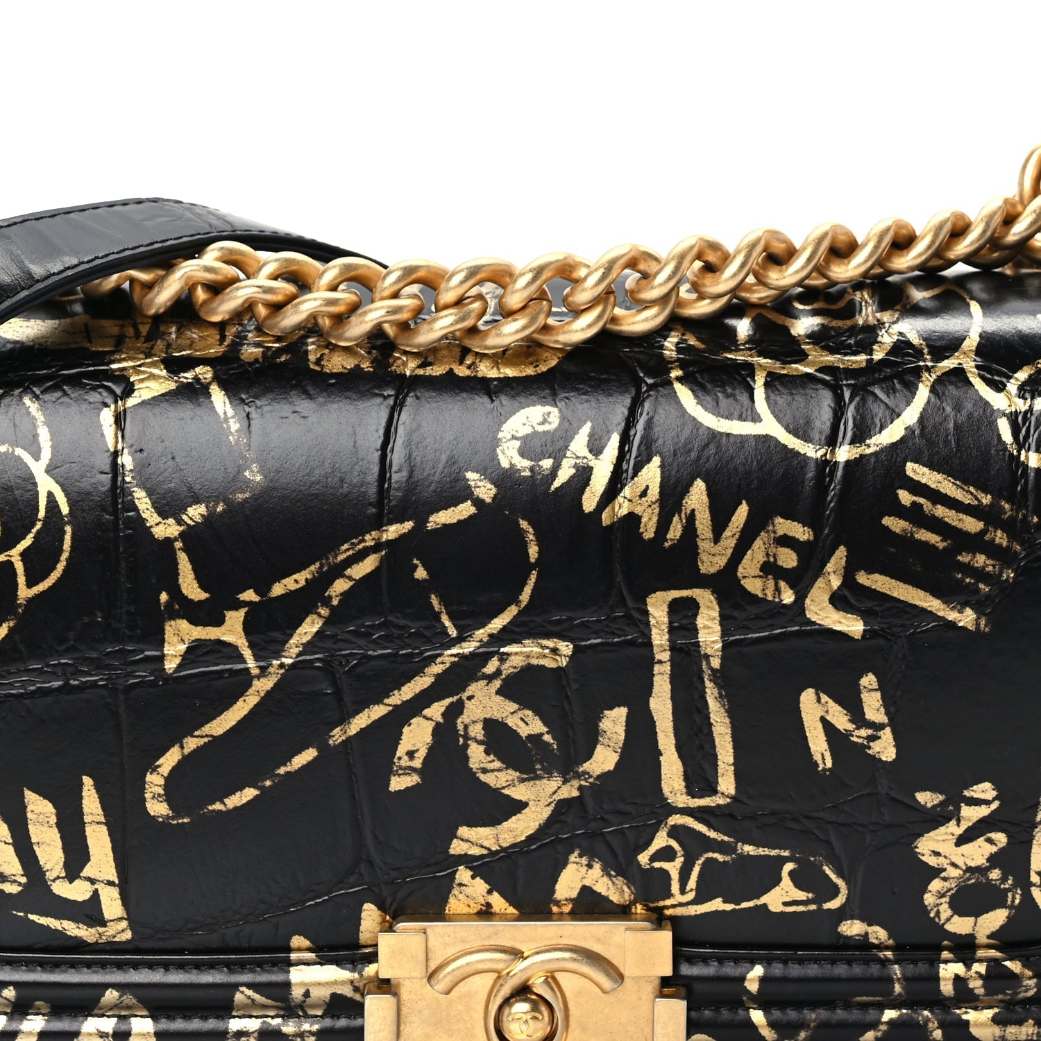 Chanel Calfskin Crocodile Embossed Graffiti Cocodile Medium Boy Flap Black