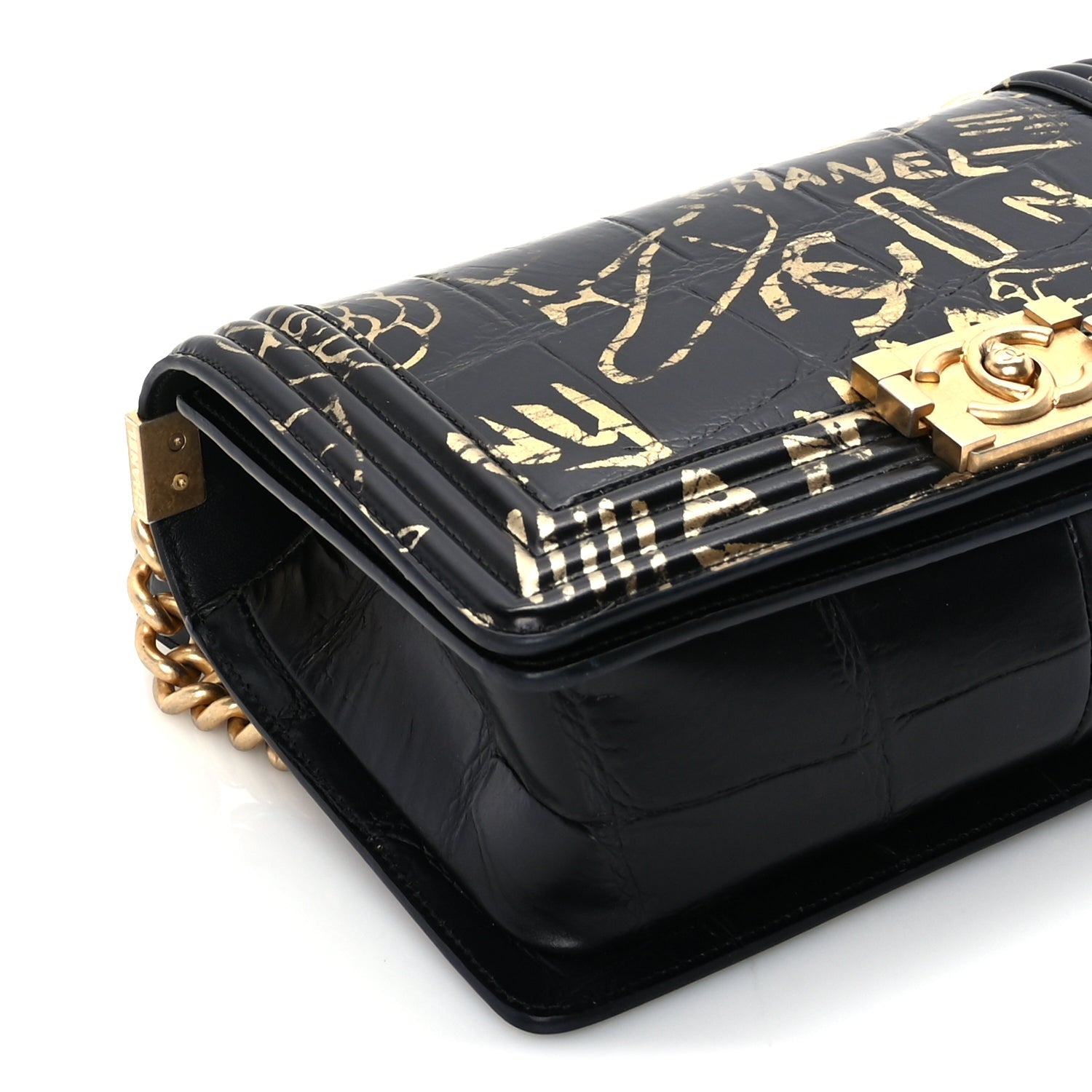 Chanel Calfskin Crocodile Embossed Graffiti Cocodile Medium Boy Flap Black