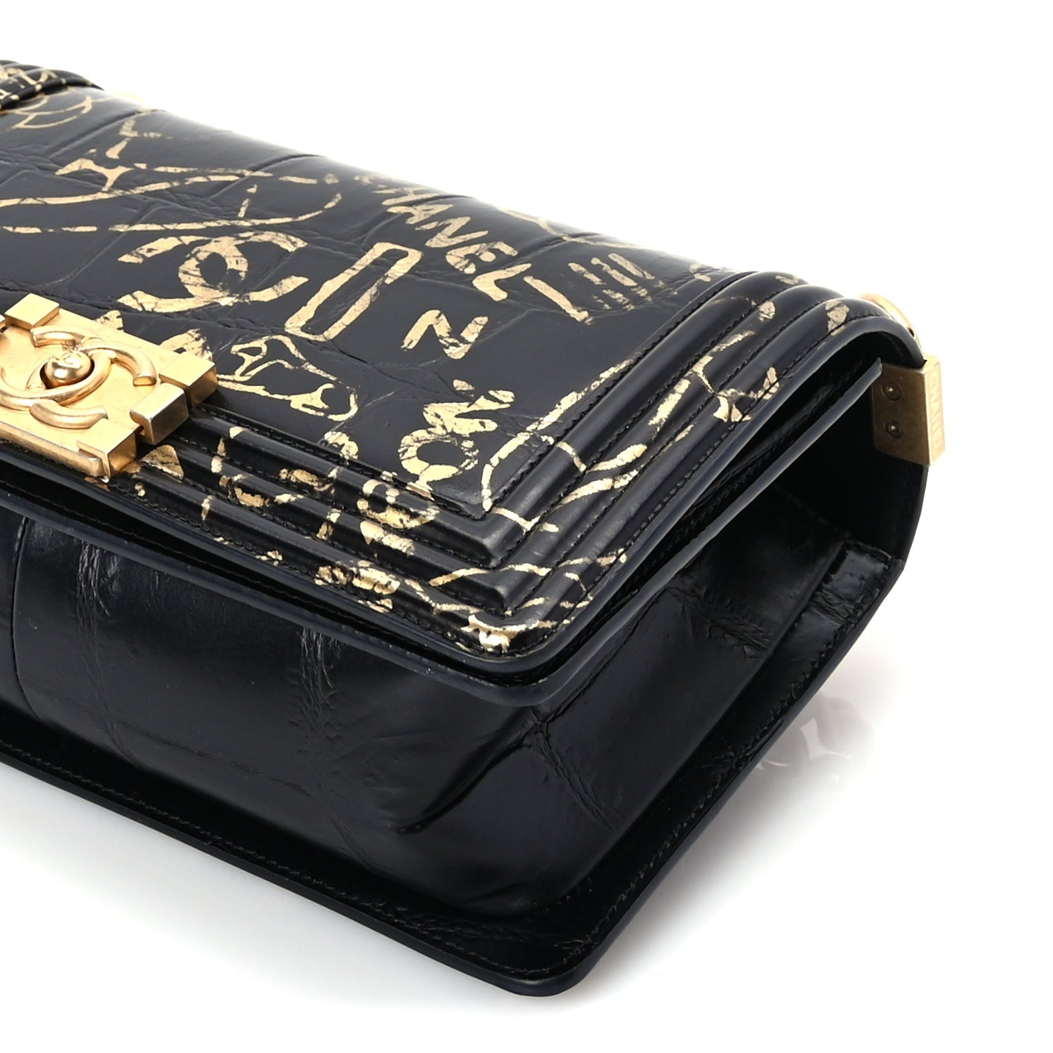 Chanel Calfskin Crocodile Embossed Graffiti Cocodile Medium Boy Flap Black