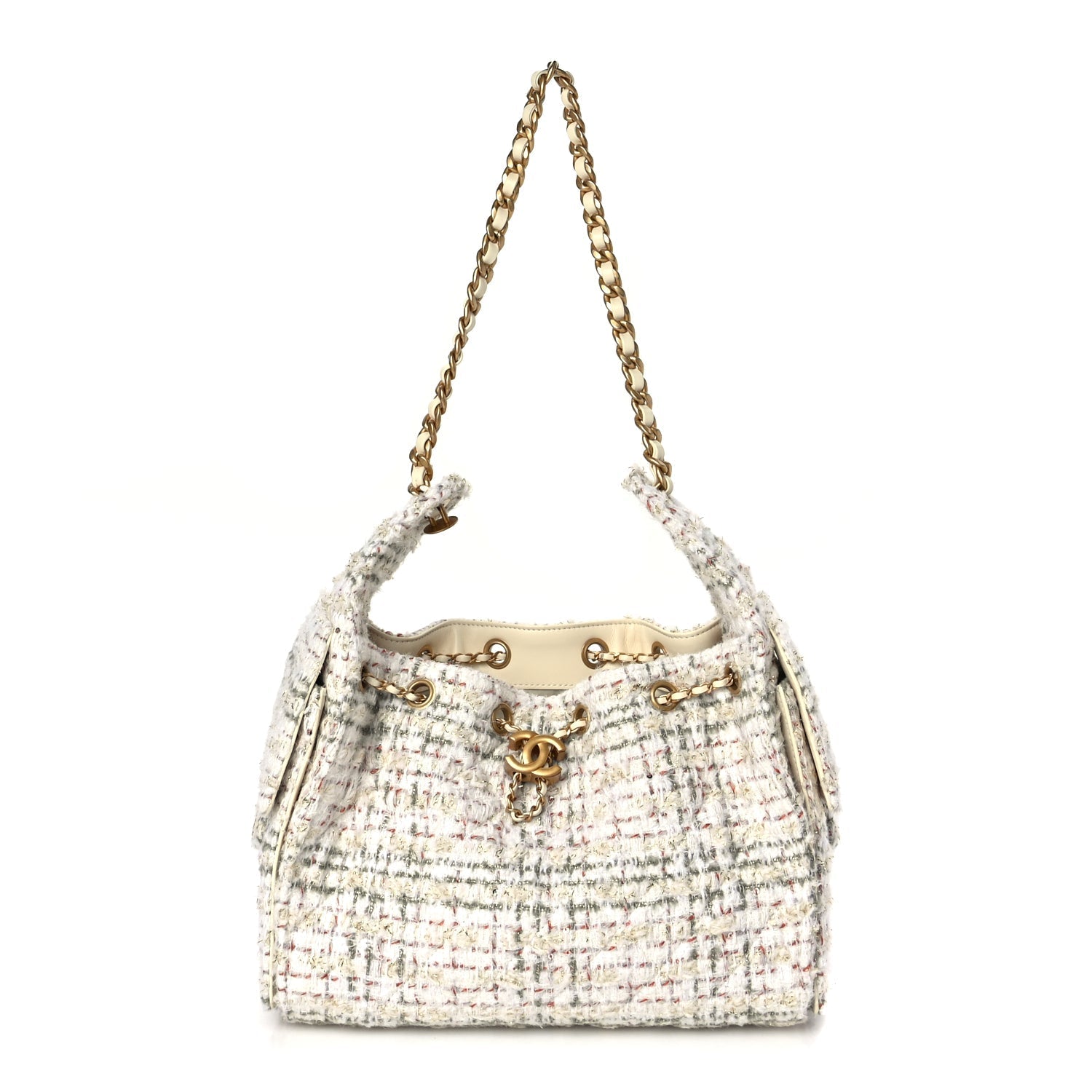 Chanel Tweed Quilted Small Chanel 25 Handbag Ecru Khaki Gold Red
