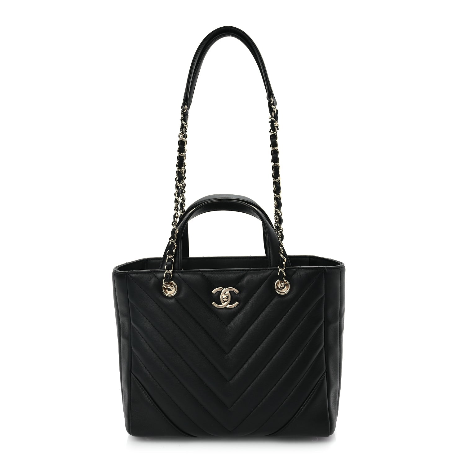 Chanel Calfskin Chevron Quilted Small Statement Shopping Tote Black