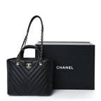 Chanel Calfskin Chevron Quilted Small Statement Shopping Tote Black