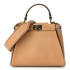Fendi Vitello Seta Canvas FF Embroidered Mini Peekaboo Iconic Satchel Miele Scuro Poudre