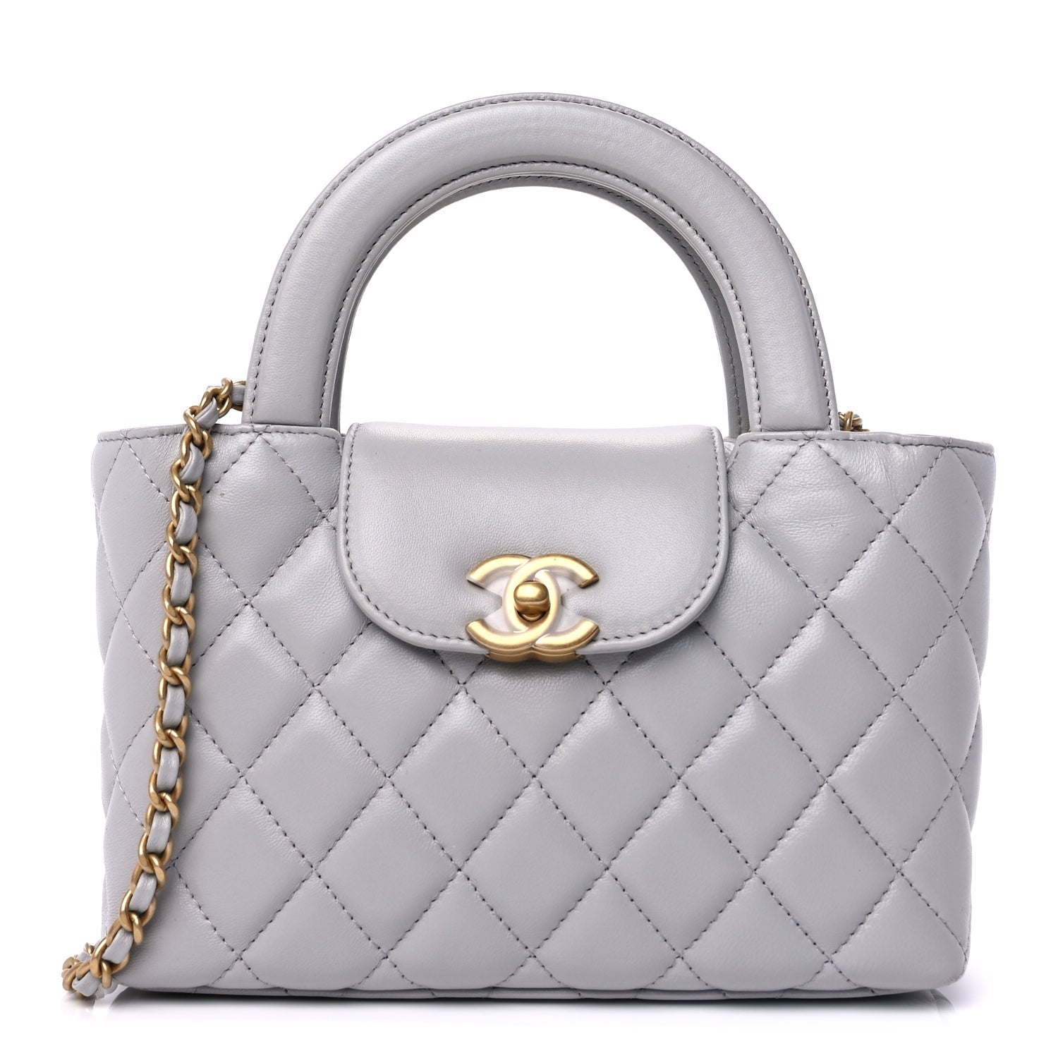 Chanel Shiny Aged Calfskin Quilted Nano Kelly Shopper  Light Grey