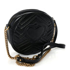 Gucci Azalea Calfskin Matelasse Heart Mini GG Marmont Round Shoulder Bag Black