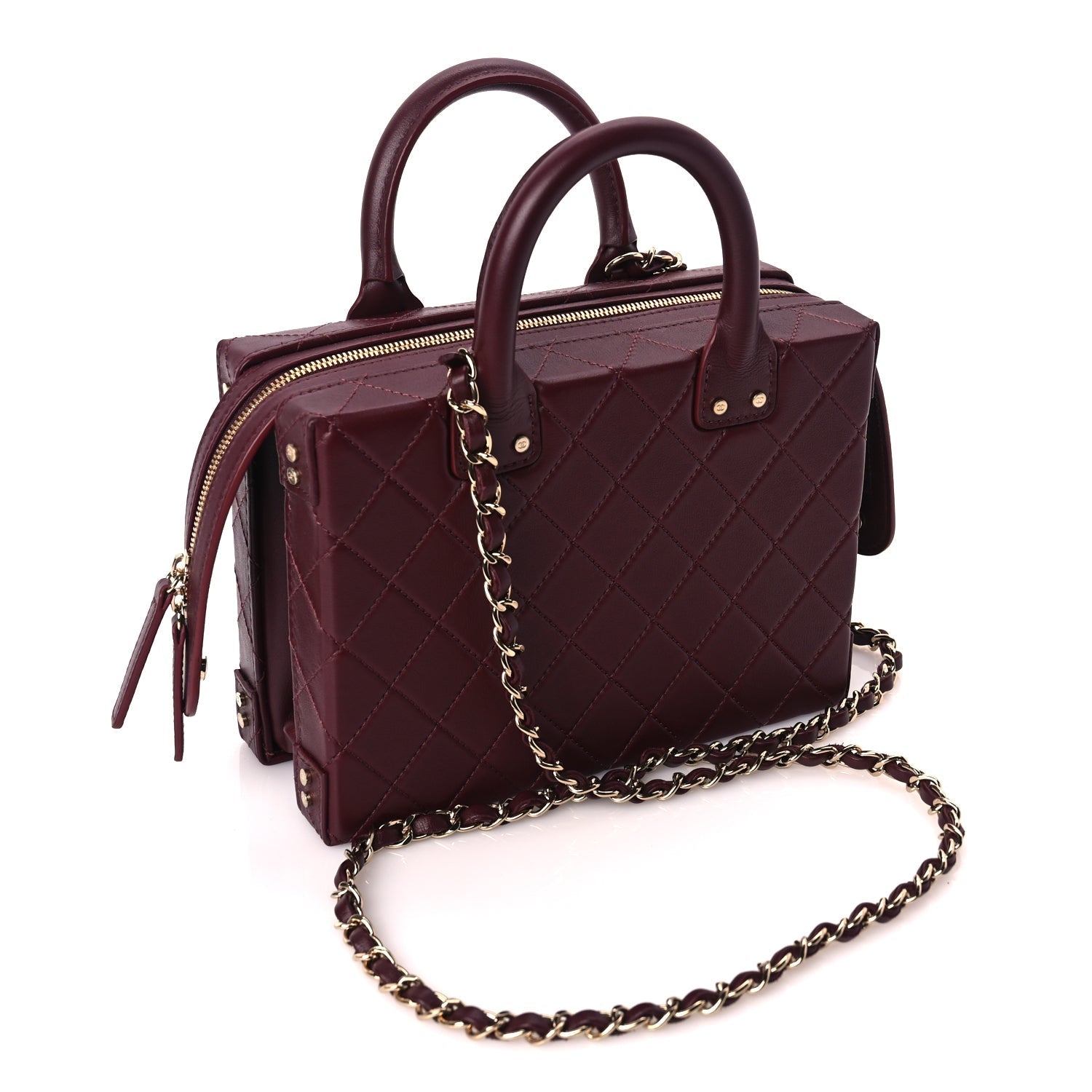 Chanel Calfskin Quilted Studded Square Vanity Case Burgundy