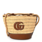 Gucci Raffia Calfskin Woven Mini Bucket Bag Brown