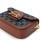 Gucci New Denim GG Monogram Dollar Calfskin Web Mini Horsebit 1955 Shoulder Bag Blue Tea Cuir Epilog