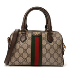 Gucci GG Supreme Monogram Textured Dollar Calfskin Web Mini Ophidia Top Handle Bag Beige Ebony New Acero