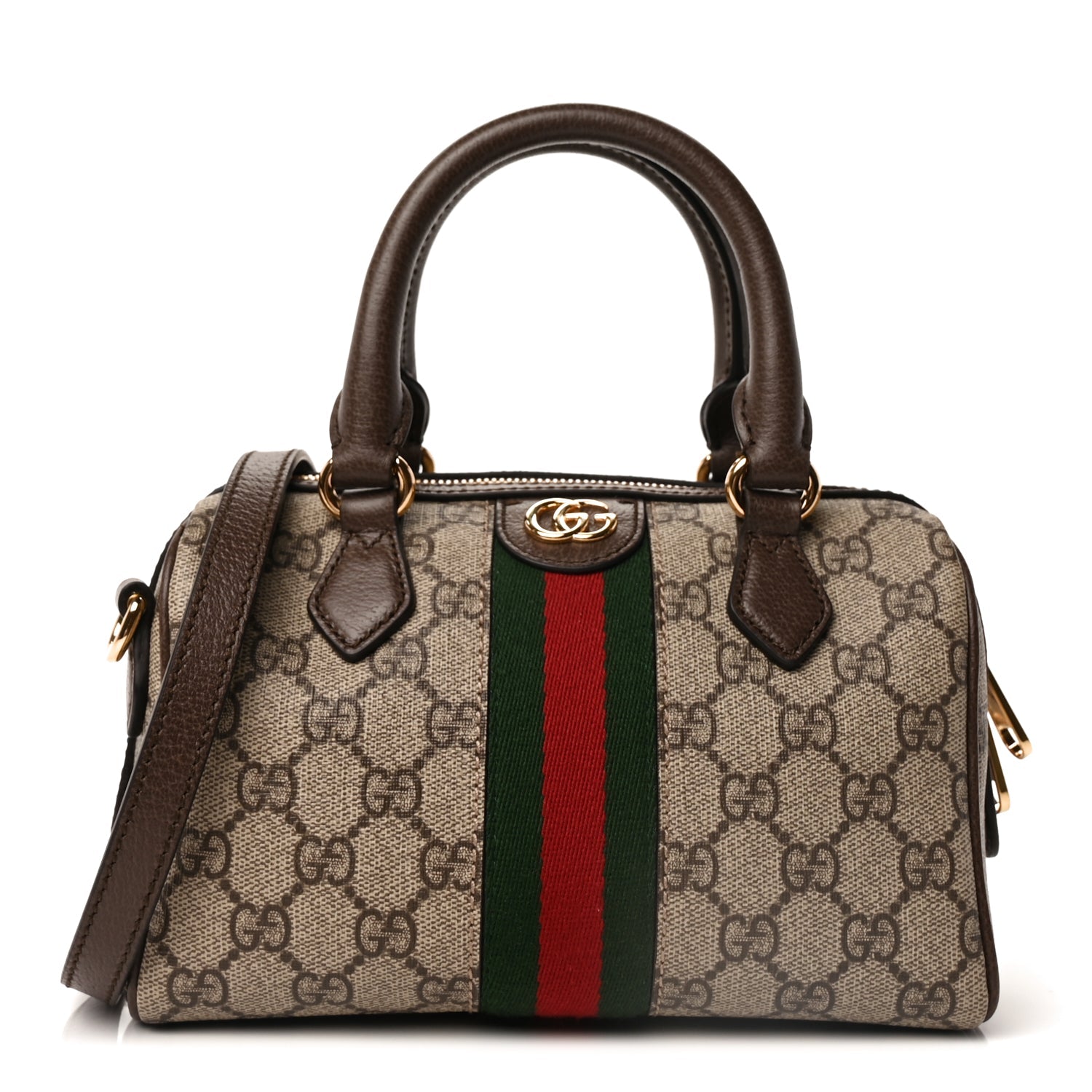 Gucci GG Supreme Monogram Textured Dollar Calfskin Web Mini Ophidia Top Handle Bag Beige Ebony New Acero