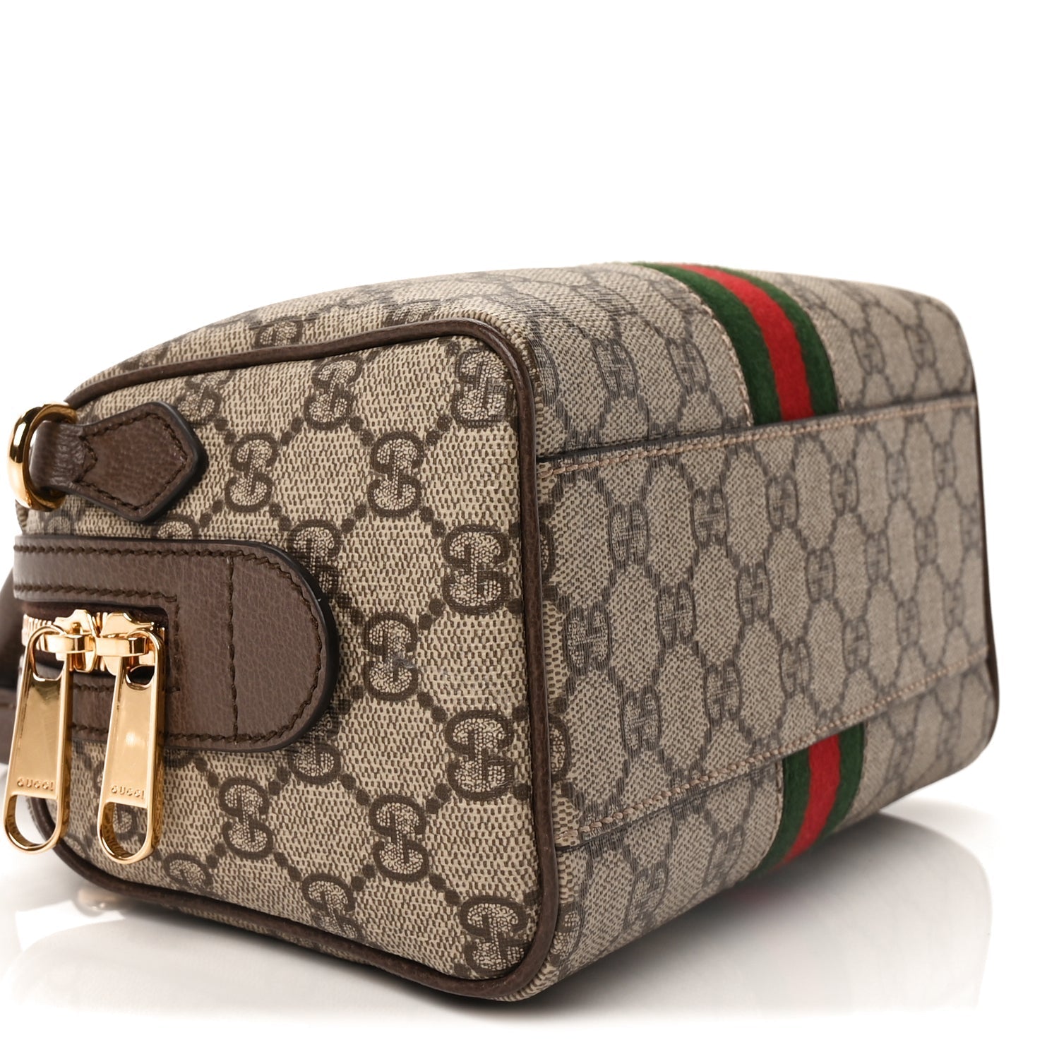 Gucci GG Supreme Monogram Textured Dollar Calfskin Web Mini Ophidia Top Handle Bag Beige Ebony New Acero