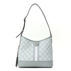Gucci GG Supreme Monogram Textured Dollar Calfskin Web Small Ophidia Bucket Shoulder Bag Dusty Blue