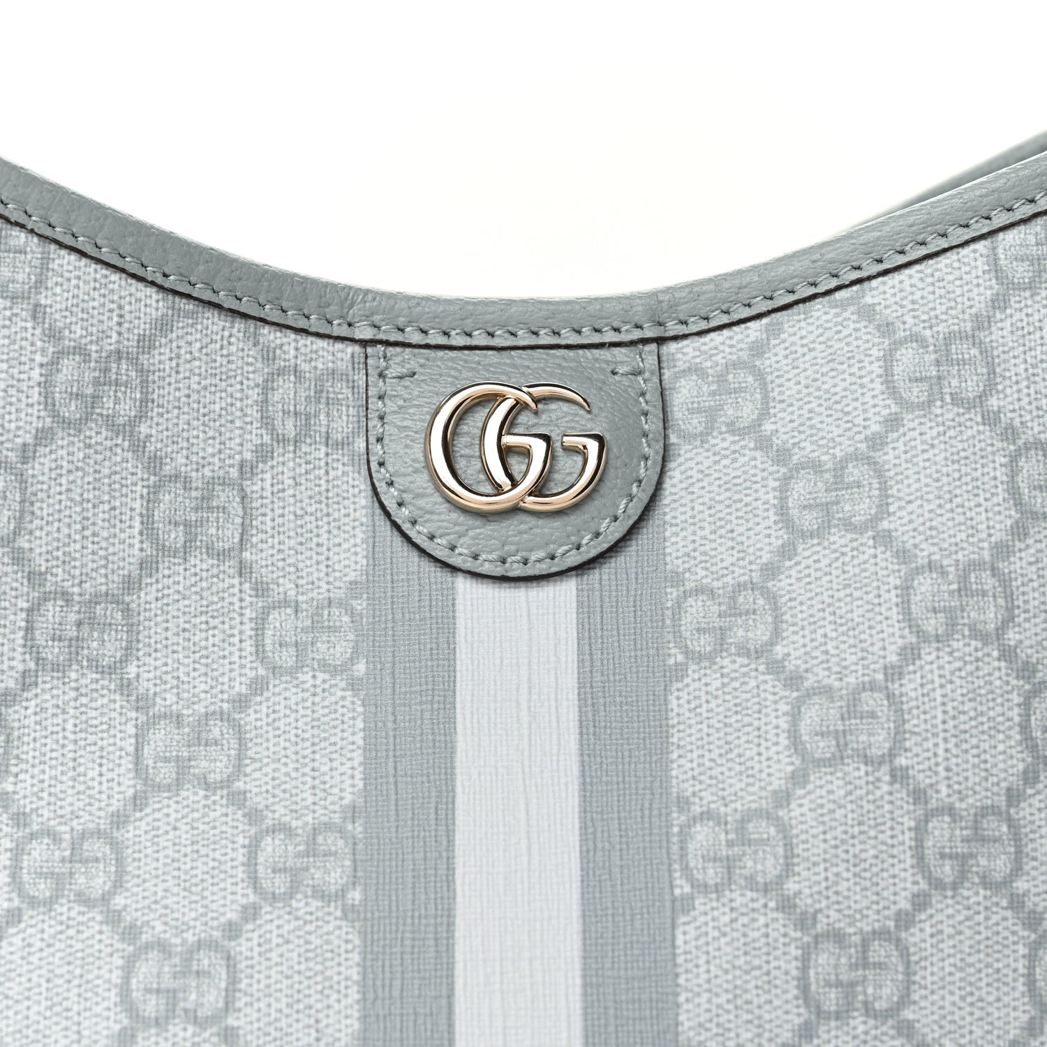 Gucci GG Supreme Monogram Textured Dollar Calfskin Web Small Ophidia Bucket Shoulder Bag Dusty Blue