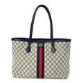 Gucci GG Supreme Monogram Textured Calfskin Web Medium Ophidia Shopping Tote Beige Blue