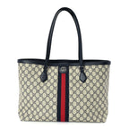 Gucci GG Supreme Monogram Textured Calfskin Web Medium Ophidia Shopping Tote Beige Blue