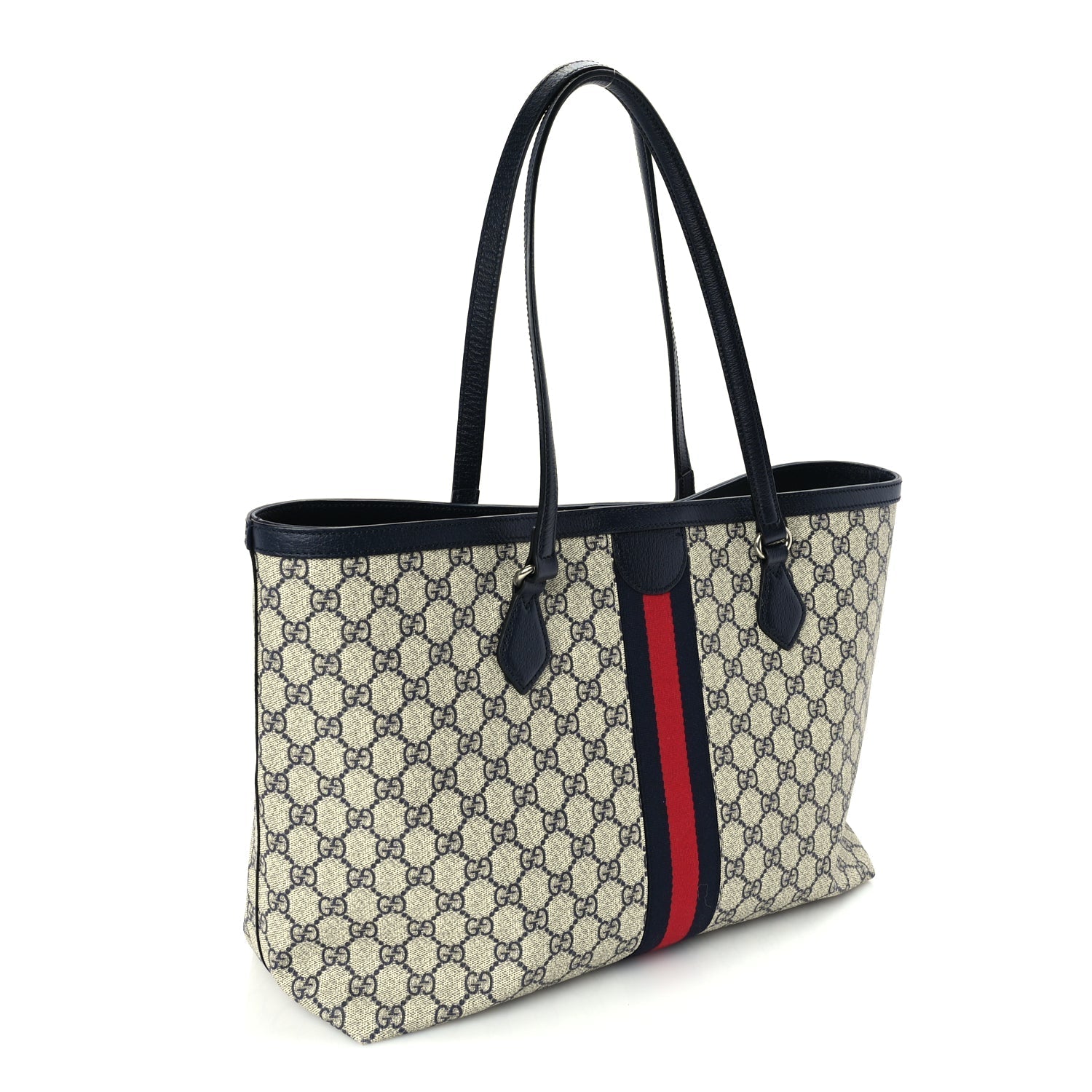 Gucci GG Supreme Monogram Textured Calfskin Web Medium Ophidia Shopping Tote Beige Blue