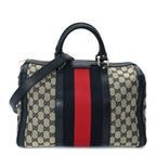 Gucci Monogram Selleria Calfskin Vintage Web Medium Boston Beige Blue